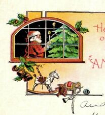 Vintage Christmas Postcard Little Boy Sleeping, Santa Behind the Window picture