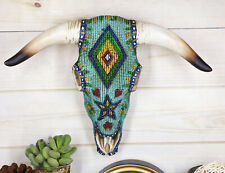 Rustic Southwest Steer Bison Cow Skull With Aztec Beaded Turquoise Wall Decor picture