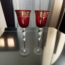 2Pc VTG Ruby Red & Ornate Gold Accent Boho 11” Tall Stemmed Crystal Wine Glasses picture
