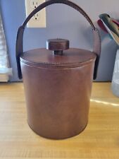Vintage MCM Brown Leather Bound Ice Bucket Unbranded Stainless Interior picture