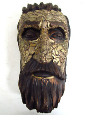 Vtg Impressionist Carved Wood Barbon Mask Wall Art w/ Metal Medallions Mexico picture