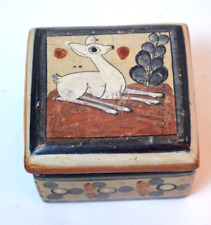 Vintage Tonala Mexican Pottery Folk Art Hand Painted Trinket Box with Lid Deer picture