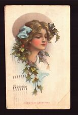 POSTCARD : ARTIST SIGNED - YOUNG GIRL CHRISTMAS GREETINGS A/S HARRISON 1917 picture