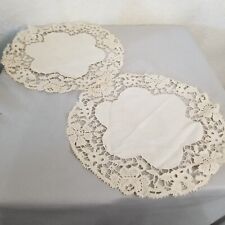 lot of 2 VINTAGE * CROCHET FABRIC DOILY ivory lace flower table center rsoe picture