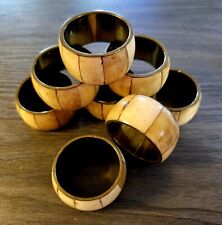 Vtg Lot Set 8 Vintage Mother of Pearl Inlay Brass Napkin Rings Moon Shell INDIA picture