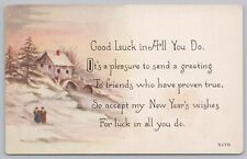New Years Wishes~Good Luck Greetings~Snow Topped House In Winter~Owen~Vintage PC picture
