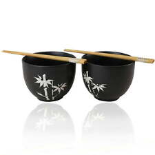 Set of 2 Quality and Elegant Japanese Porcelain Black Bowls w Chopsticks picture