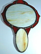Vintage Stained Glass Hand Mirror Handcrafted Dresser Circular Heavily Leaded picture
