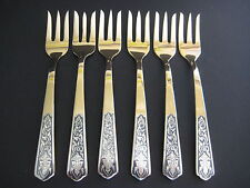 Set Of 6 Vintage Amfarco Siam Sterling Silver Inlaid Buddha Brass Forks, 6 3/4