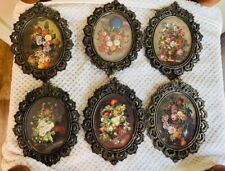 Vintage Italian Brass Set of 6 Miniature Ornate Picture Frames with Glass Floral picture