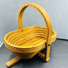 Vintage Handcrafted Basket Collapsible Bowl Wooden Handle Boho Cottagecore USA picture