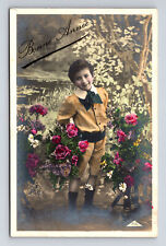 c1909 RPPC Bonne Annee Young French Boy Flowers Hand Colored Real Photo Postcard picture