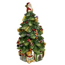 Spode Hand Painted Christmas Tree Cookie Jar w Santa Topper Lid 12