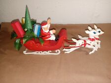 VTG Santa with Sleigh and 2 Reindeer Plastic Christmas Decor Made in Hong Kong picture