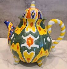 Anthropologie Whimsical Footed Teapot Colorful Kilim Pattern Twisted Handle 7.5