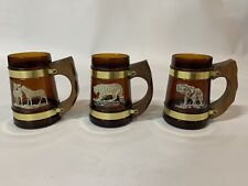 Set of 3 Vintage Siesta Ware Amber Glass African Safari Wooden Handle Mug Stein picture