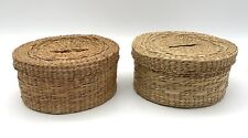 2 Round Lidded Baskets Stackable Vintage Good Condition 5.25” picture