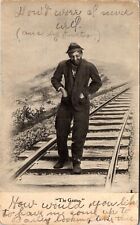 Tie Game - Hobo Walking on the Railroad Tracks 1908 Antique Postcard H803 picture
