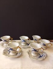 Set of 4 Porcelain Blue Swallow Demitasse Cups And Saucers, +2 Extra Cups, Japan picture