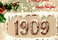 Vintage 1909 New Year Numeral Postcard Snow Capped Holly Mistletoe Winsch Back picture