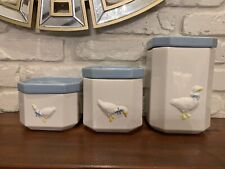 Vintage White Ceramic Blue Ribbon Goose Duck 3 Canister Set With Lids Stackable picture