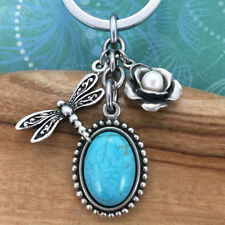 Dragonfly Keyring Keychain Turquoise Magnesite & Rose Freshwater Pearl Charm picture