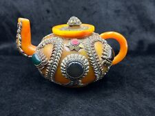 Very Old Tibetan Copal Amber Tea Pot With Agate Turquoise And Coral Stone picture