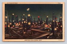Postcard Greetings from Kilgore TX Oil Fields at Night Well Oil & Gas c1940 picture