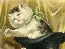 Cat Postcard Kittens Play In Top Hat Gloves Pink Green Bows Series 592 picture