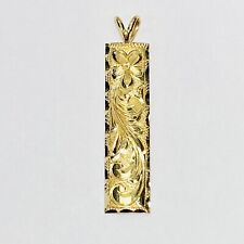 14K Yellow Gold Hawaiian Heirloom Floral Scroll 37mm Vertical Bar Pendant 6.0g picture