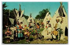 Indian Village ~ Native american ~ Teepee , Chief drum UNPOSTED picture