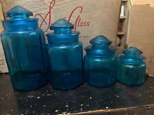 Set Of 4 Blue, Amber, Crystal or  Green Glass Canister Apothecary Jar Sets NOS picture