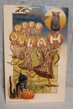 Vtg 1913 Halloween Postcard John Winsch Black Cat Owl Bats Corn Shocks Pumpkins picture