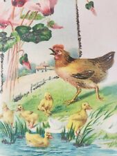 C 1905 Happy Easter To You Mother Hen With Chicks in Pond Pink Flowers Postcard picture