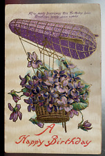 Vintage Victorian Postcard 1910 A Happy Birthday - Zepplin with Violet Basket picture