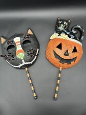 Two Vintage Folk Art Paper Mache Black Cat Halloween Face Masks/ Wall Hangings picture