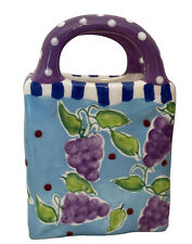 VTG Bella Casa Ganz Ceramic Shopping Bag Vase Hand Painted PURPLE GRAPES BC6460 picture