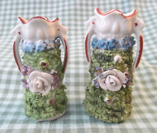 Set of 2~Vintage Elfinware Germany Miniature Handled Vases~Heavy Moss Flowers 3