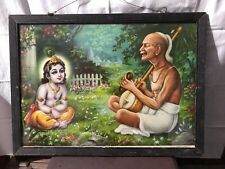 Vintage Old Hindu Temple Religious Print Guru Teaching Kid Lord Krishna A97 picture