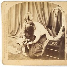 Mother Tending Injured Girl Stereoview c1877 Weller China Head Doll Child H472 picture