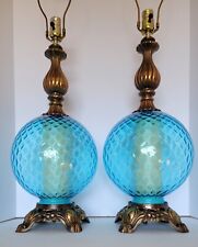 Pair Vtg Mid Century Hollywood Regency Optical Handblown Blue Glass Table Lamps picture