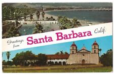Greetings From Santa Barbara California c1950's Mission Church, beach scene picture