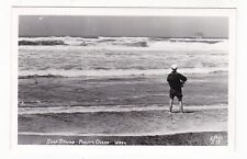 c1940 ELLIS RPPC MAN SURF FISHING PACIFIC OCEAN BEACH WASHINGTON POSTCARD WA OLD picture