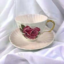 Vtg Adderley Fine Bone China Teacup & Saucer Cabbage Roses Soft Pink Gold Gilt picture