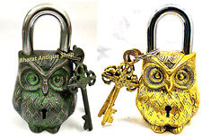 Set of 2 Antique Brass Owl Vintage Padlock with Working Key Rare Old Style lock picture