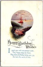 1923 Happy Birthday Wishes Seascape Sailboat Greetings Wishes Posted Postcard picture