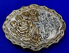 Vintage western flower swirl design two tone belt buckle by Crumrine picture