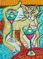 Cat Dancing around Martinis Folk Art Print 11 x 14 Vintage Style Signed Artist picture