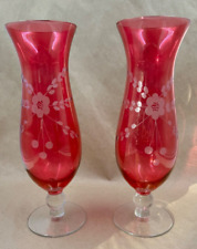 Cranberry Etched Floral Hurricane Pedestal Vase Set of 2 picture