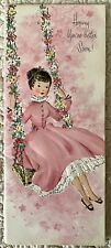 Unused Get Well Girl Swing Pink Dress Glitter Vintage Greeting Card 1950s 1960s picture